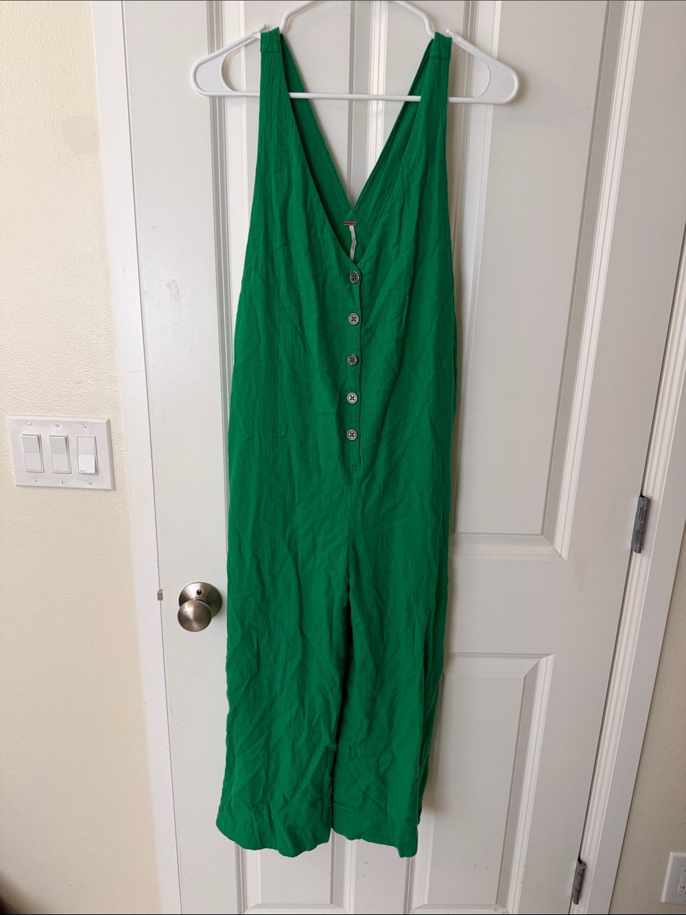 Free People Emerald Green Button-Front V-Neck Cropped Jumpsuit